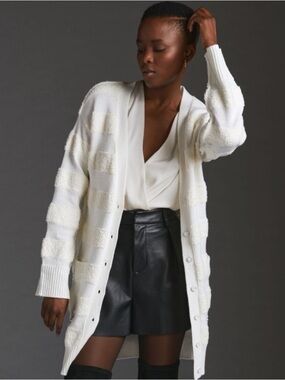 NEW NWT Anthropologie Daily Practice Women's Cream Stripe Long Cardigan Sweater